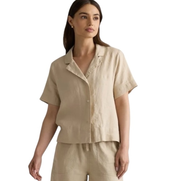 Quince 100% Organic Linen Short Sleeve Button Front Boxy Casual Shirt Women Larg - Picture 2 of 13